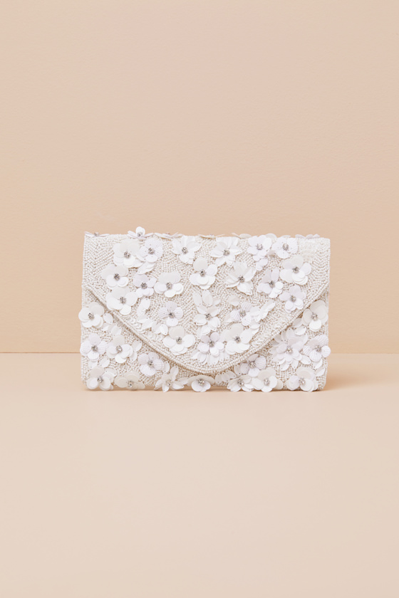 Shop Lulus Vinka White Beaded Floral Sequin Rhinestone Clutch