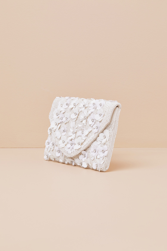 Shop Lulus Vinka White Beaded Floral Sequin Rhinestone Clutch