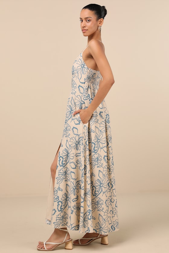 LULUS ANGELIKA BEIGE FLORAL SLEEVELESS MIDI DRESS