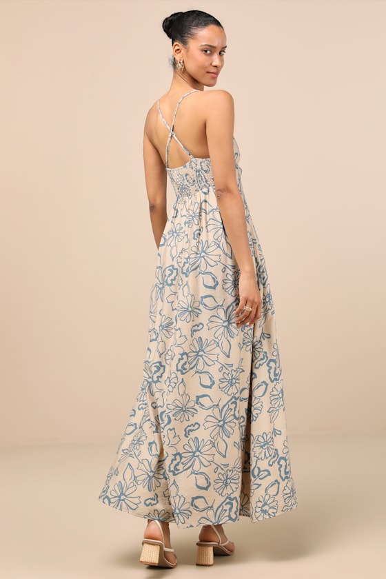 LULUS ANGELIKA BEIGE FLORAL SLEEVELESS MIDI DRESS