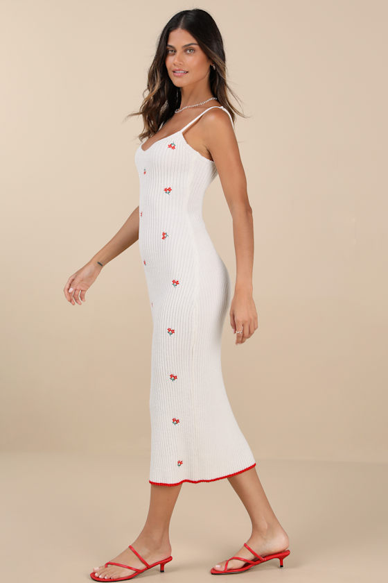 Ivory Midi Sweater Dress - Embroidered Dress - Ribbed Knit Dress