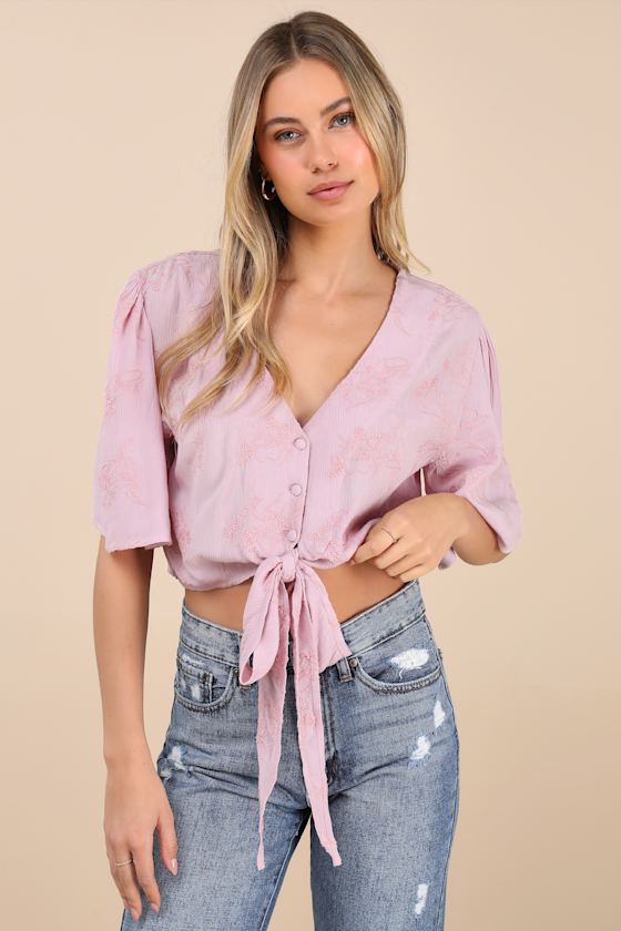 Pink Embroidered Top - Button-Up Crop Top - Pink Tie-Front
