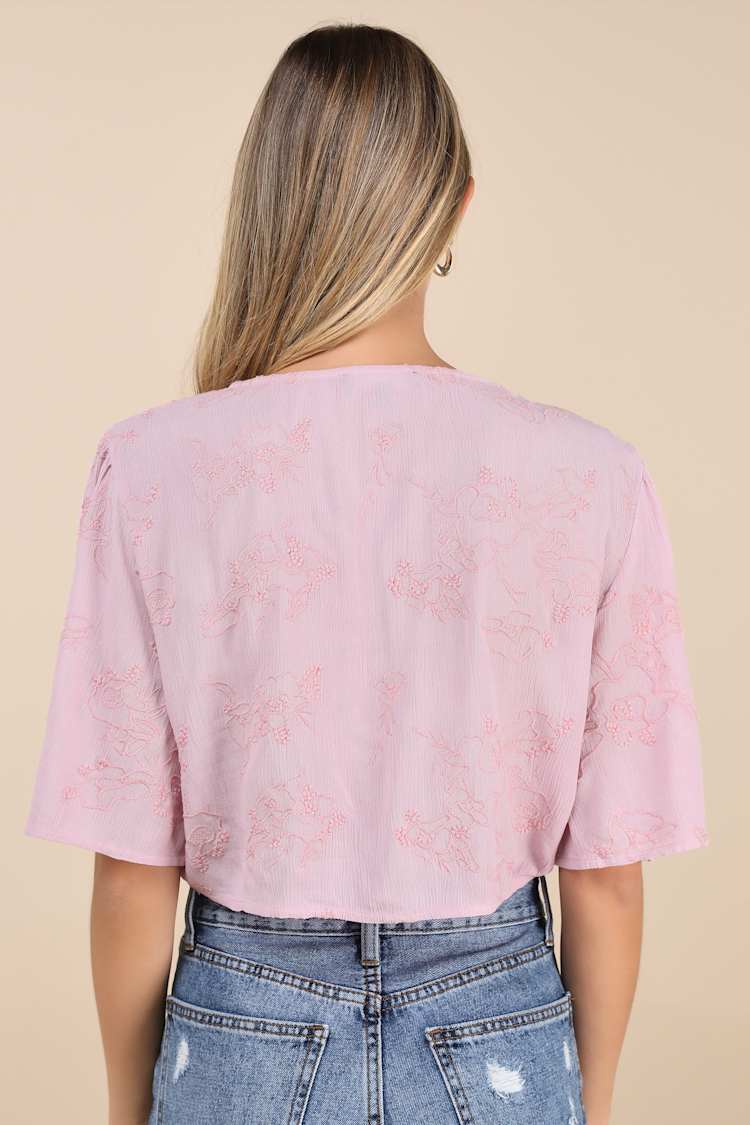 Delightful Darling Pink Floral Embroidered Tie-Front Crop Top