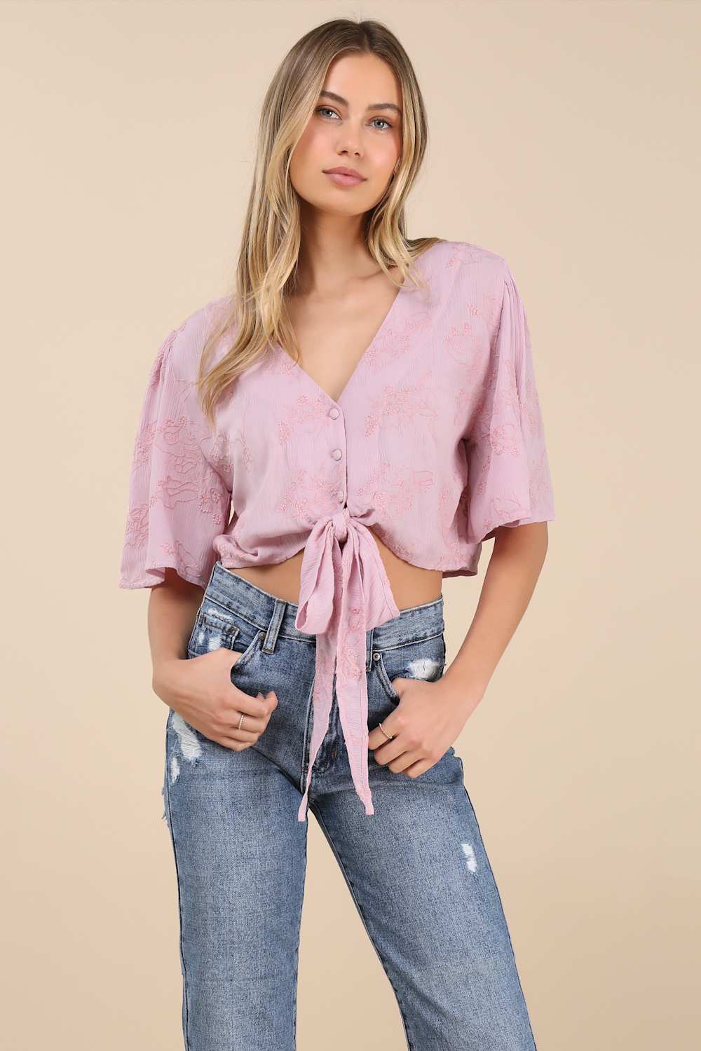 Delightful Darling Pink Floral Embroidered Tie-Front Crop Top
