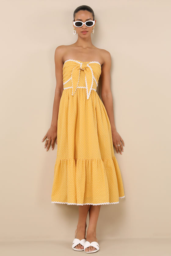 White Polka Printed Yellow Fornt Slit Dress