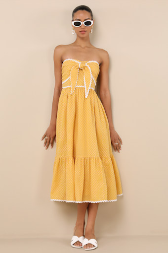 Delightful Design Yellow Polka Dot Midi Dress With Pockets 5