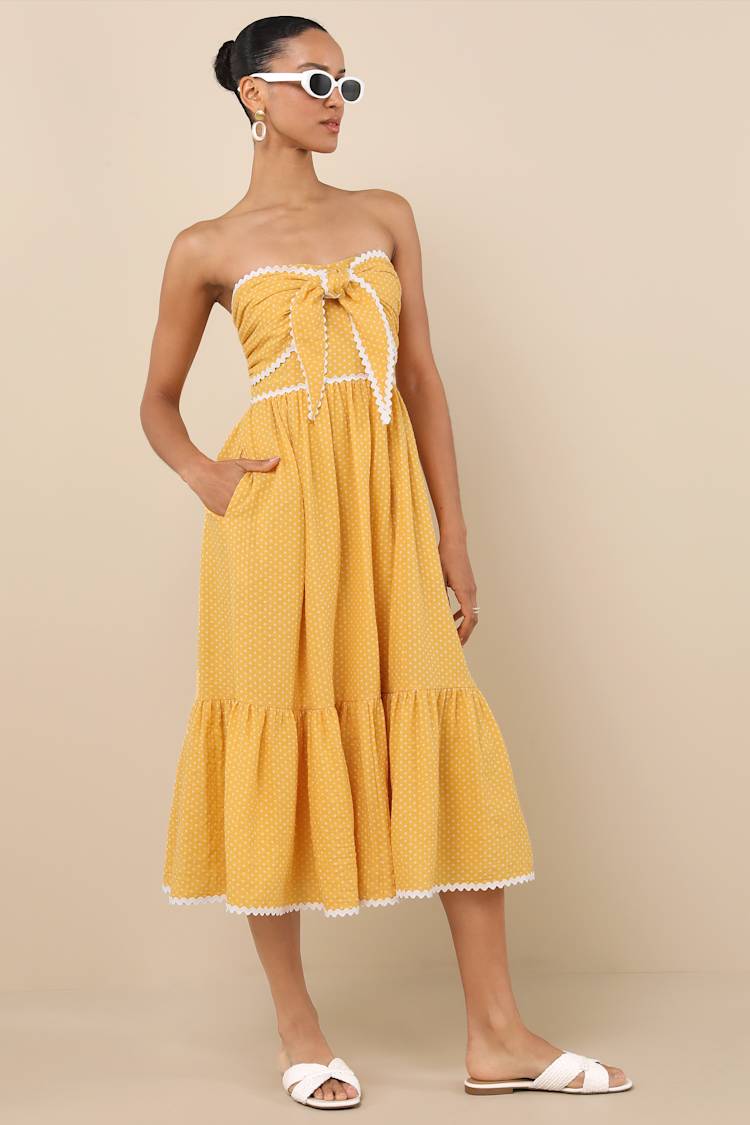 Delightful Design Yellow Polka Dot Midi Dress With Pockets