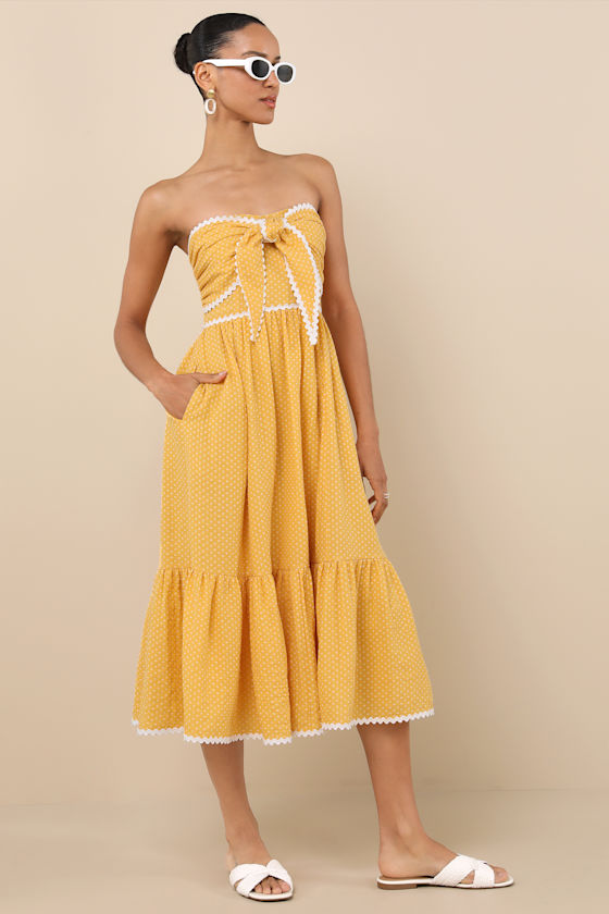 Delightful Design Yellow Polka Dot Midi Dress With Pockets 4