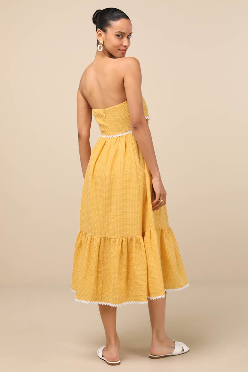 Delightful Design Yellow Polka Dot Midi Dress With Pockets