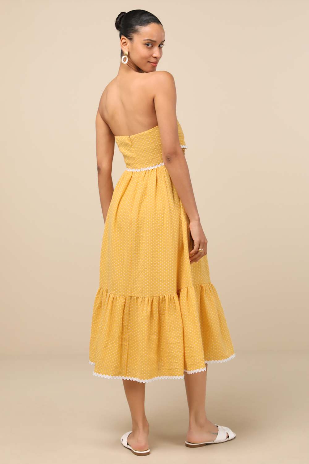 Delightful Design Yellow Polka Dot Midi Dress With Pockets