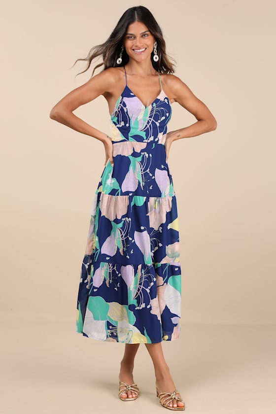 Hours of Flowers Blue Multi Floral Lace-Up Tiered Midi Dress 6