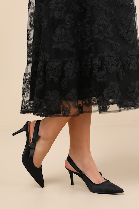 Ancolie Black Satin Bow Pointed-Toe Slingback Pumps 1