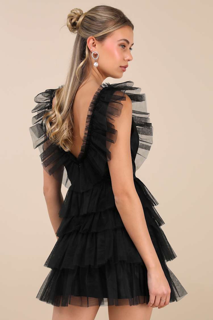 Striking Sensation Black Tulle Tiered Ruffled Mini Dress