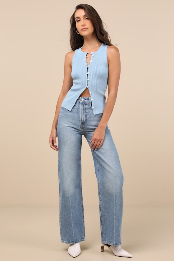 Lulus Cheslyn Light Blue Ribbed Button-front Tank Top In Light Blue