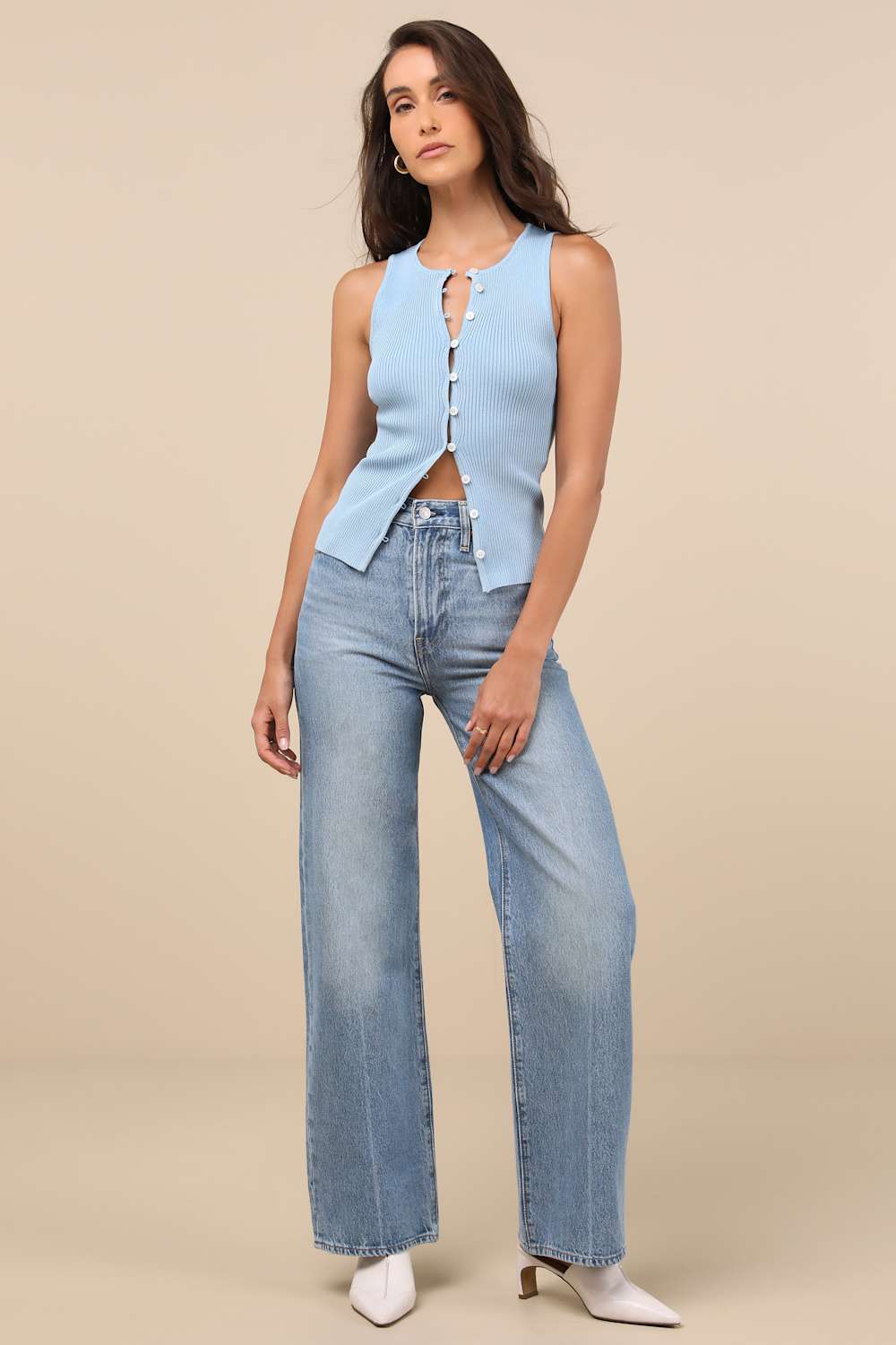 Cheslyn Light Blue Ribbed Button-Front Tank Top
