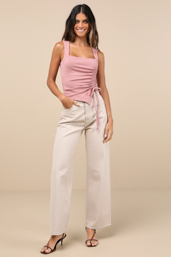 LULUS CERTAINLY FLIRTY MAUVE PINK RIBBED RUCHED SQUARE NECK TANK TOP 