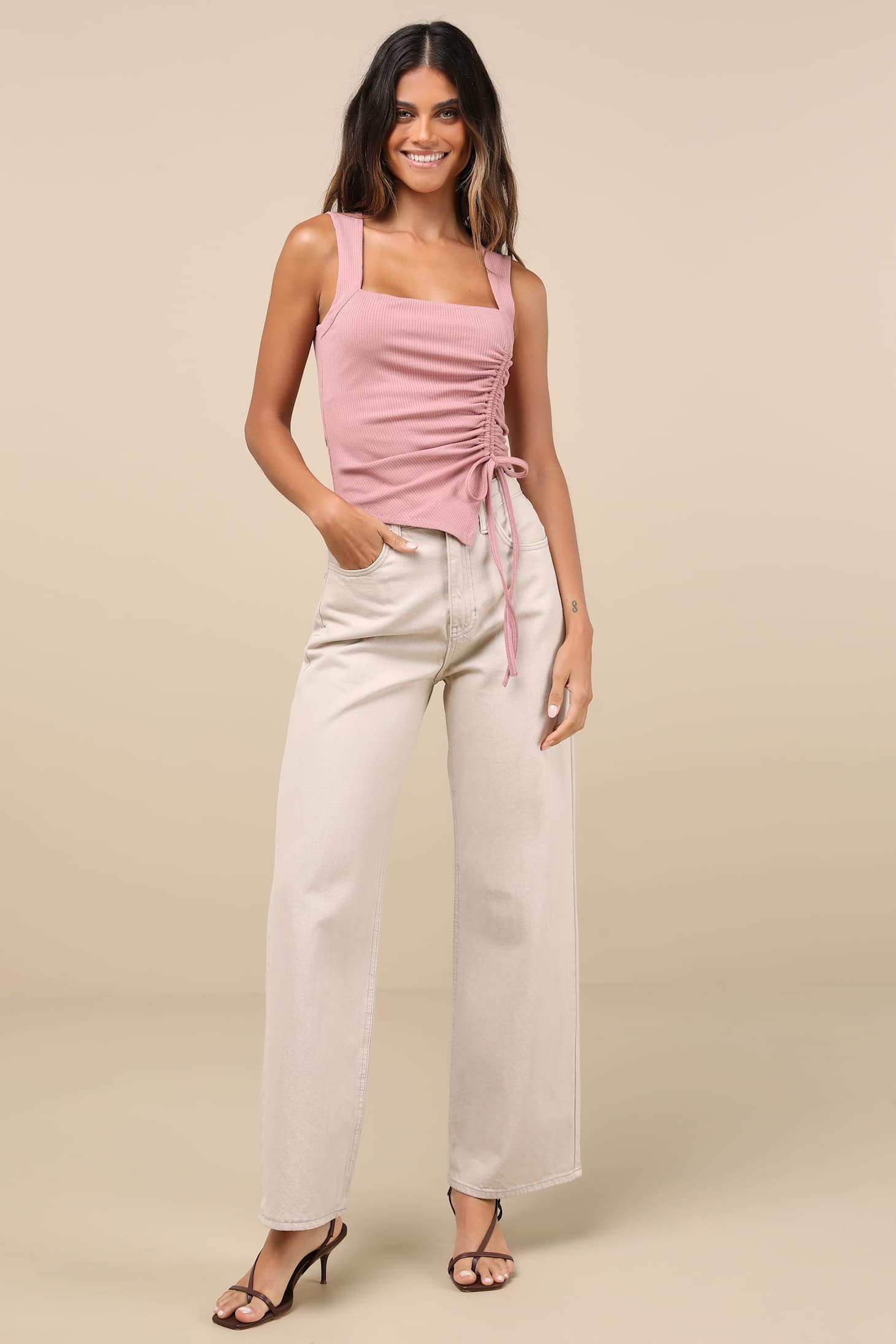 Certainly Flirty Mauve Pink Ribbed Ruched Square Neck Tank Top