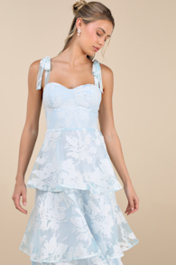 Drayson Light Blue Floral Burnout Tie-Strap Tiered Midi Dress