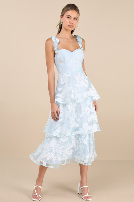 Lulus Drayson Light Blue Floral Burnout Tie-strap Tiered Midi Dress In Light Blue
