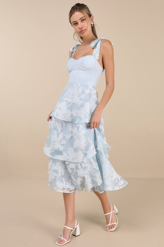 Lulus Drayson Light Blue Floral Burnout Tie-strap Tiered Midi Dress In Light Blue