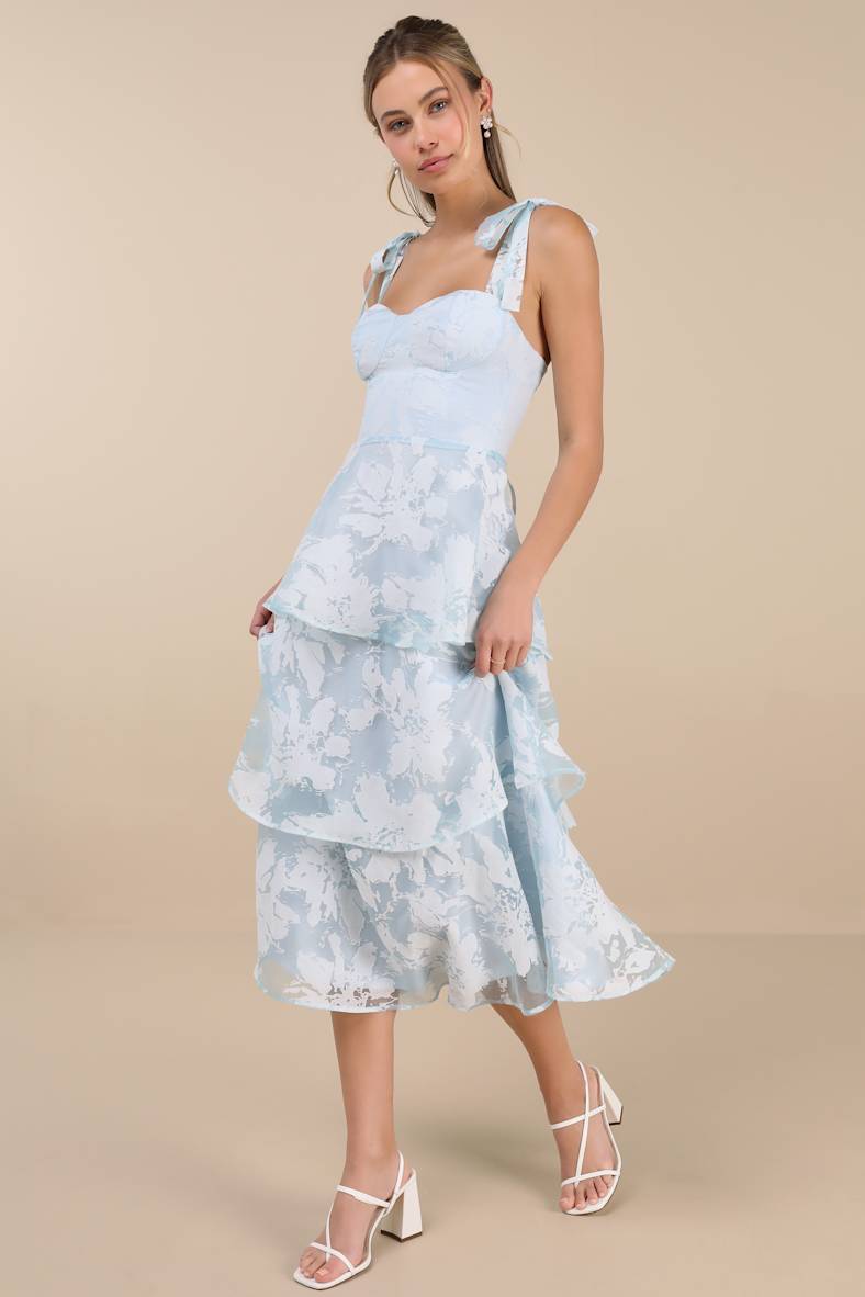 Drayson Light Blue Floral Burnout Tie-Strap Tiered Midi Dress
