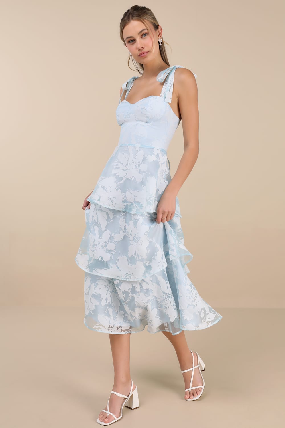 Drayson Light Blue Floral Burnout Tie-Strap Tiered Midi Dress