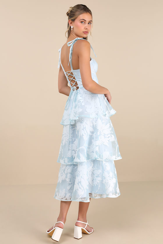 Lulus Drayson Light Blue Floral Burnout Tie-strap Tiered Midi Dress In Light Blue