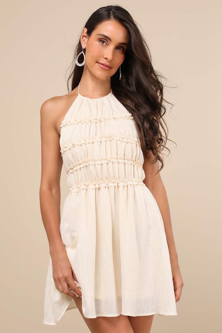 Cream Mini Dress - Halter Neck Mini Dress - Ruffled Mini Dress - Lulus