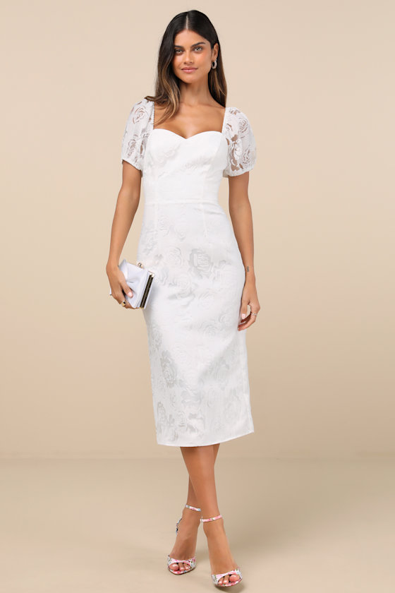 Lulus Odetta White Burnout Puff Sleeve Lace-up Midi Dress In White
