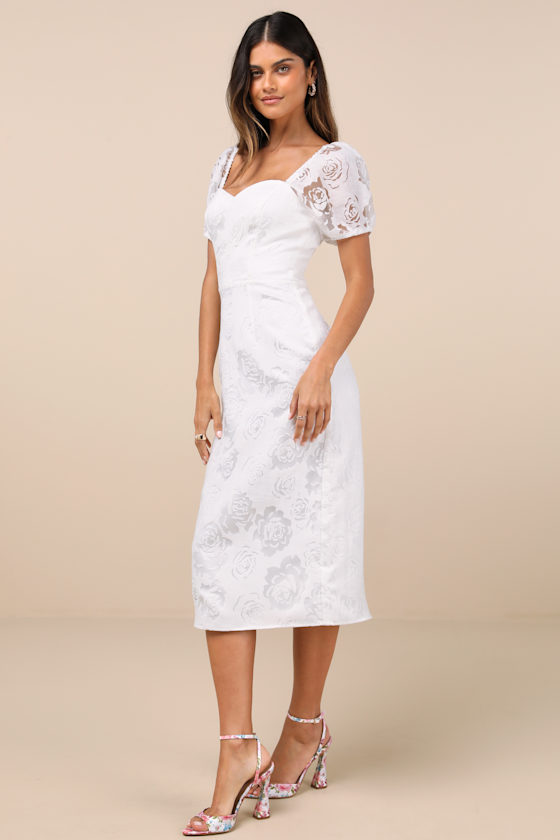 Lulus Odetta White Burnout Puff Sleeve Lace-up Midi Dress In White