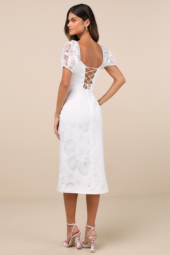 Lulus Odetta White Burnout Puff Sleeve Lace-up Midi Dress In White
