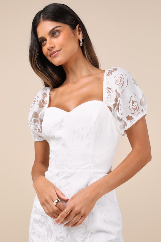 Lulus Odetta White Burnout Puff Sleeve Lace-up Midi Dress In White