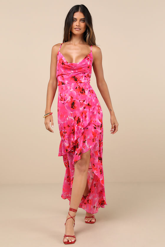 Lulus Navina Pink And Red Floral High-low Midi Dress In Pink