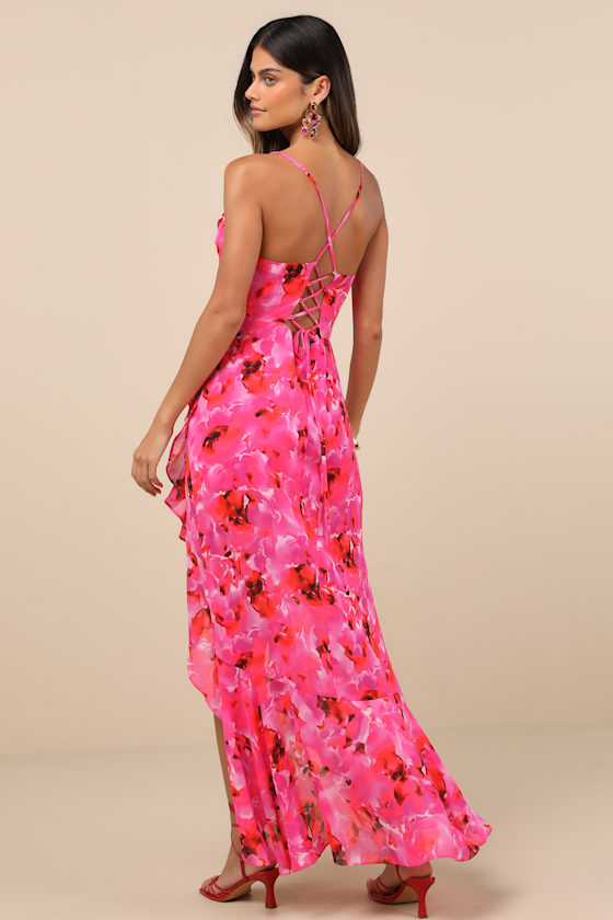 Lulus Navina Pink And Red Floral High-low Midi Dress In Pink