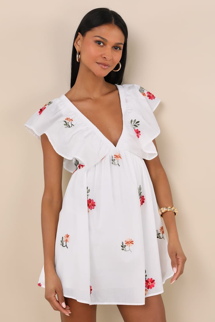 White Mini Dress - Embroidered Mini Dress - Flutter Sleeve Dress - Lulus