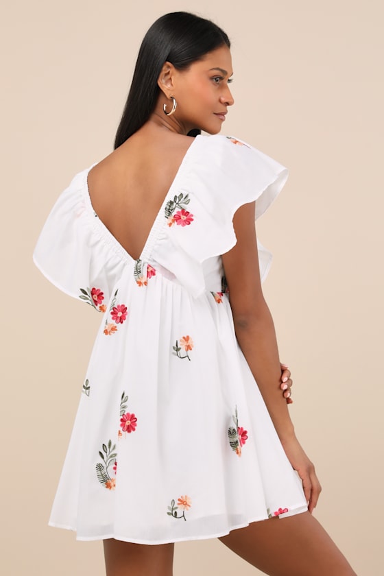 Lulus Kory White Embroidered Flutter Sleeve Mini Dress In White