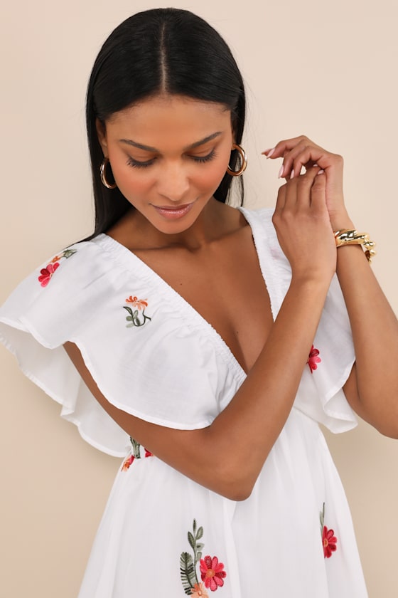 Lulus Kory White Embroidered Flutter Sleeve Mini Dress In White