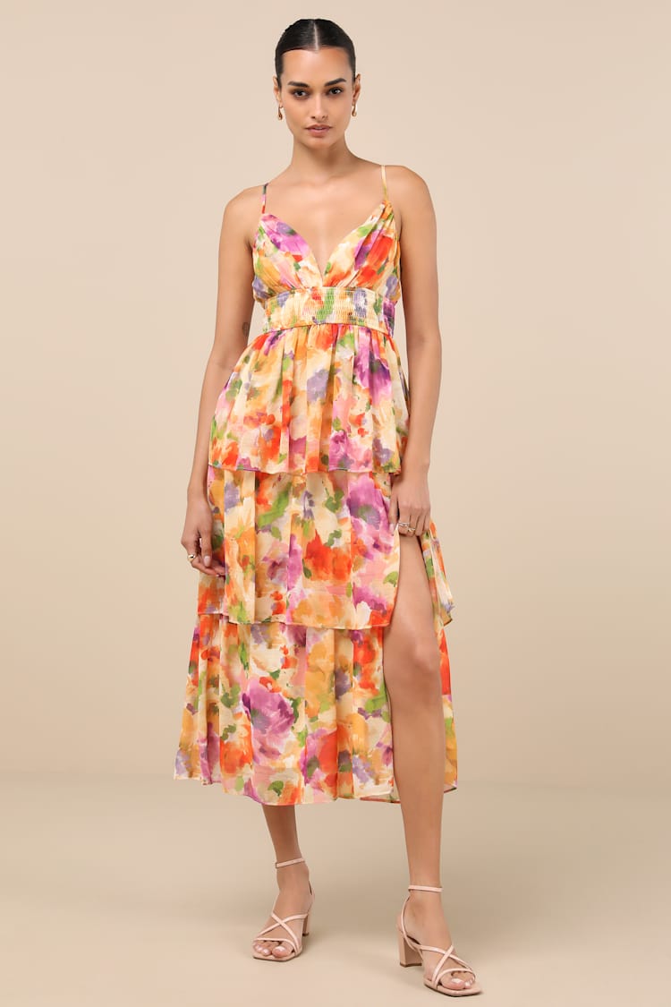 Yellow Abstract Floral Print Tiered Midi Dress | Womens | Medium (Available in XS, S, L, Xl) | 100% Polyester | Lulus