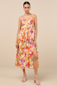 Olesia Yellow Multi Abstract Floral Tiered Midi Dress 1