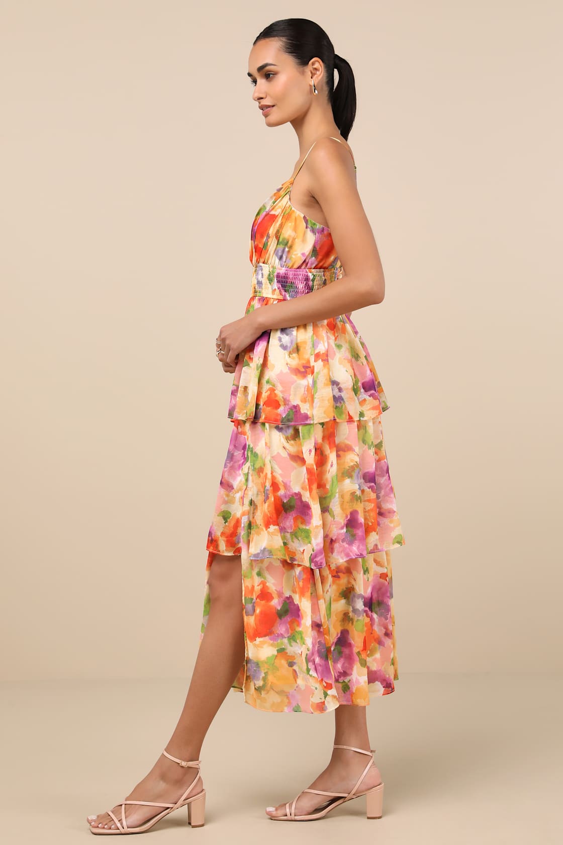 Olesia Yellow Multi Abstract Floral Tiered Midi Dress