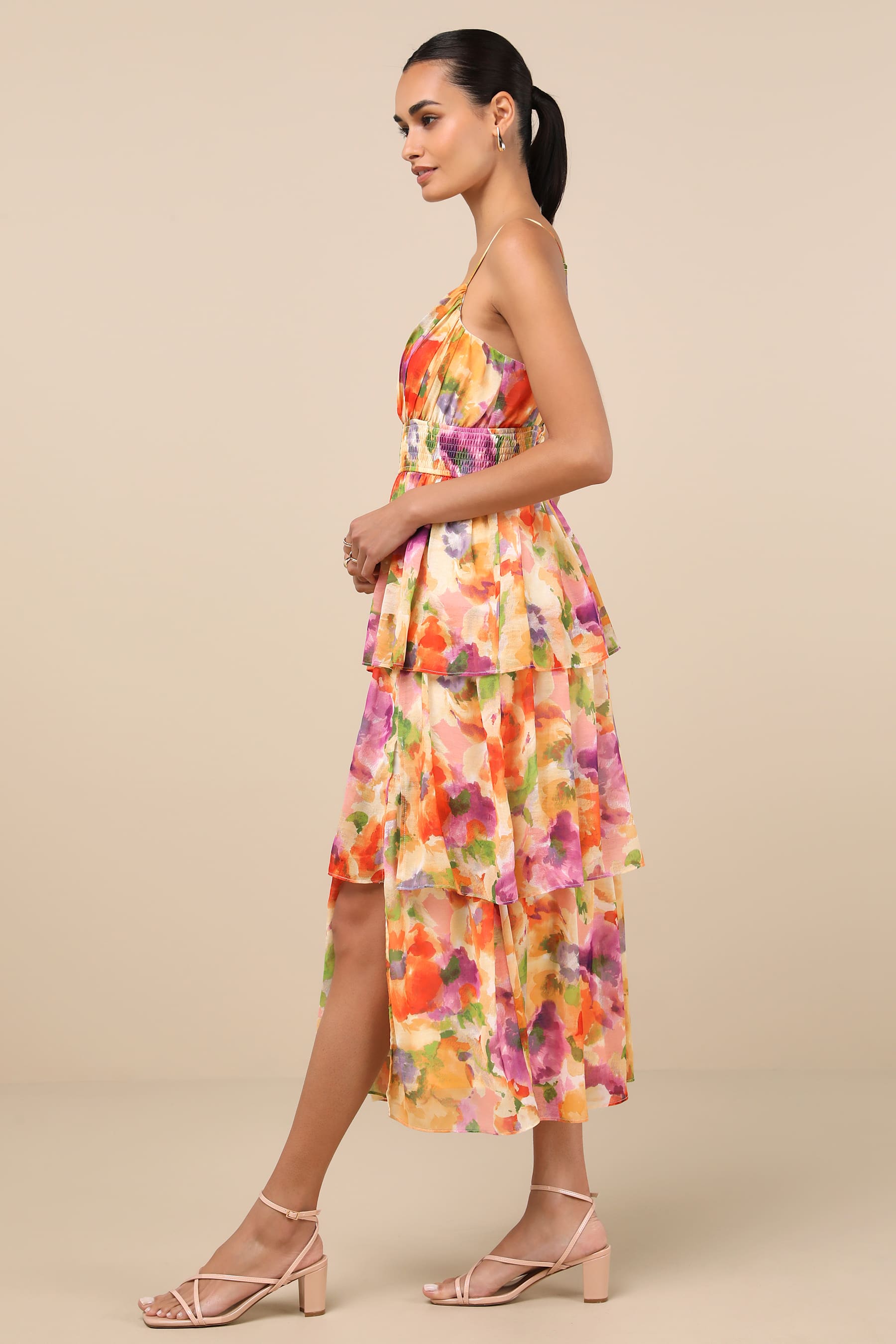 Olesia Yellow Multi Abstract Floral Tiered Midi Dress