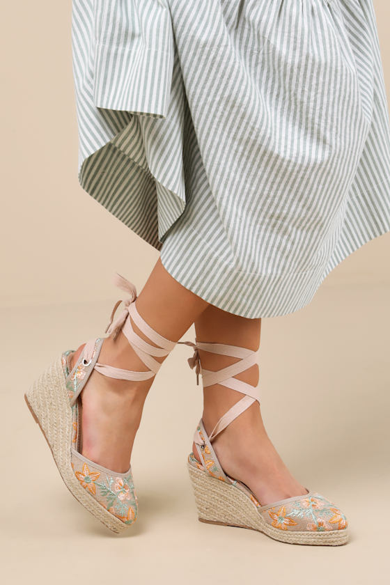 Elsinore Raffia Embroidered Lace-Up Espadrilles Wedges