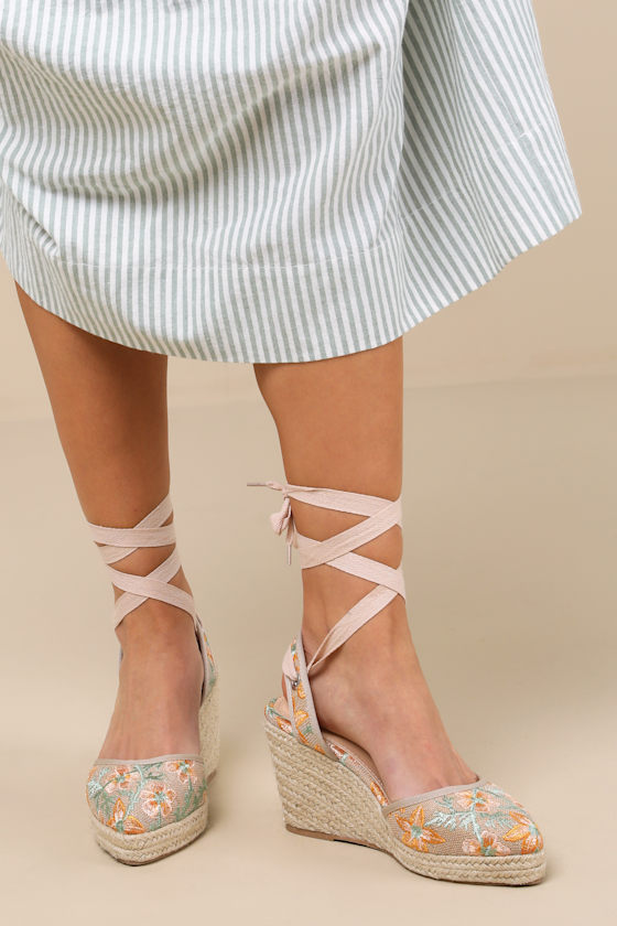 Lulus Elsinore Raffia Embroidered Lace-up Espadrilles Wedges In Beige