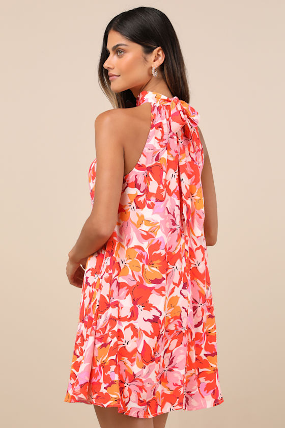 LULUS TIED BACK TO YOU RED AND PINK FLORAL PRINT MINI SHIFT DRESS