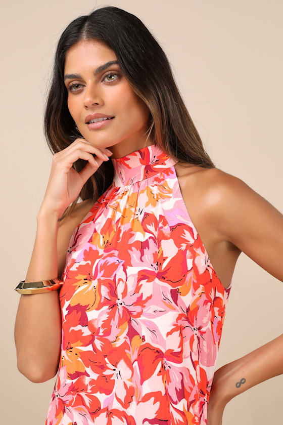LULUS TIED BACK TO YOU RED AND PINK FLORAL PRINT MINI SHIFT DRESS