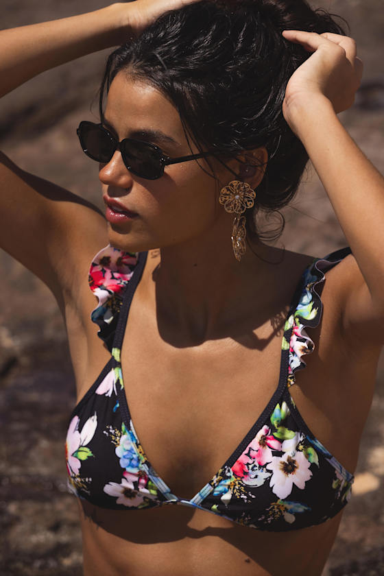 Varela Black Floral Ruffled Bikini Top 1