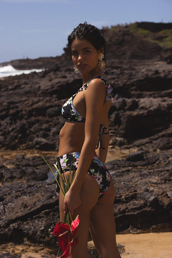 Lulus Varela Black Multi Floral Ruffled Bikini Top In Black