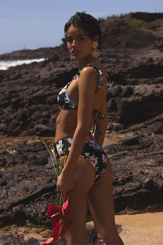 Lulus Nula Black Multi Floral Tie-front Bikini Bottoms In Black