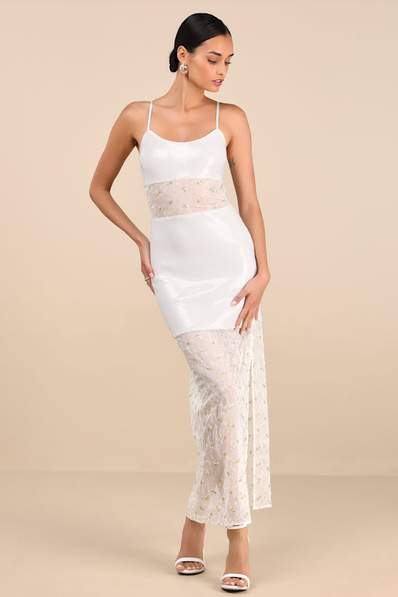 Lulus Malone White Sheer Sequin Embroidered Maxi Dress