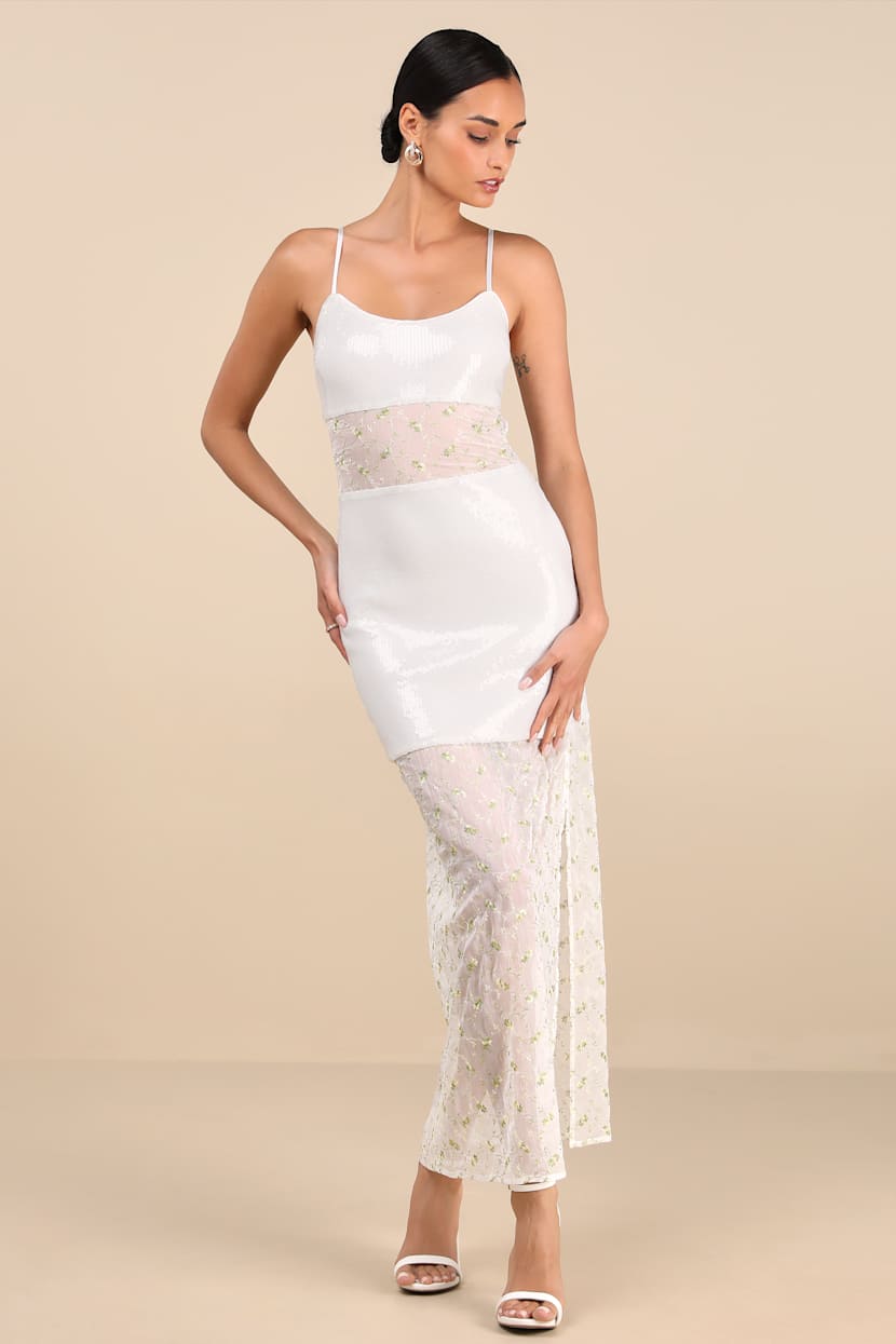 Malone White Sheer Sequin Embroidered Maxi Dress